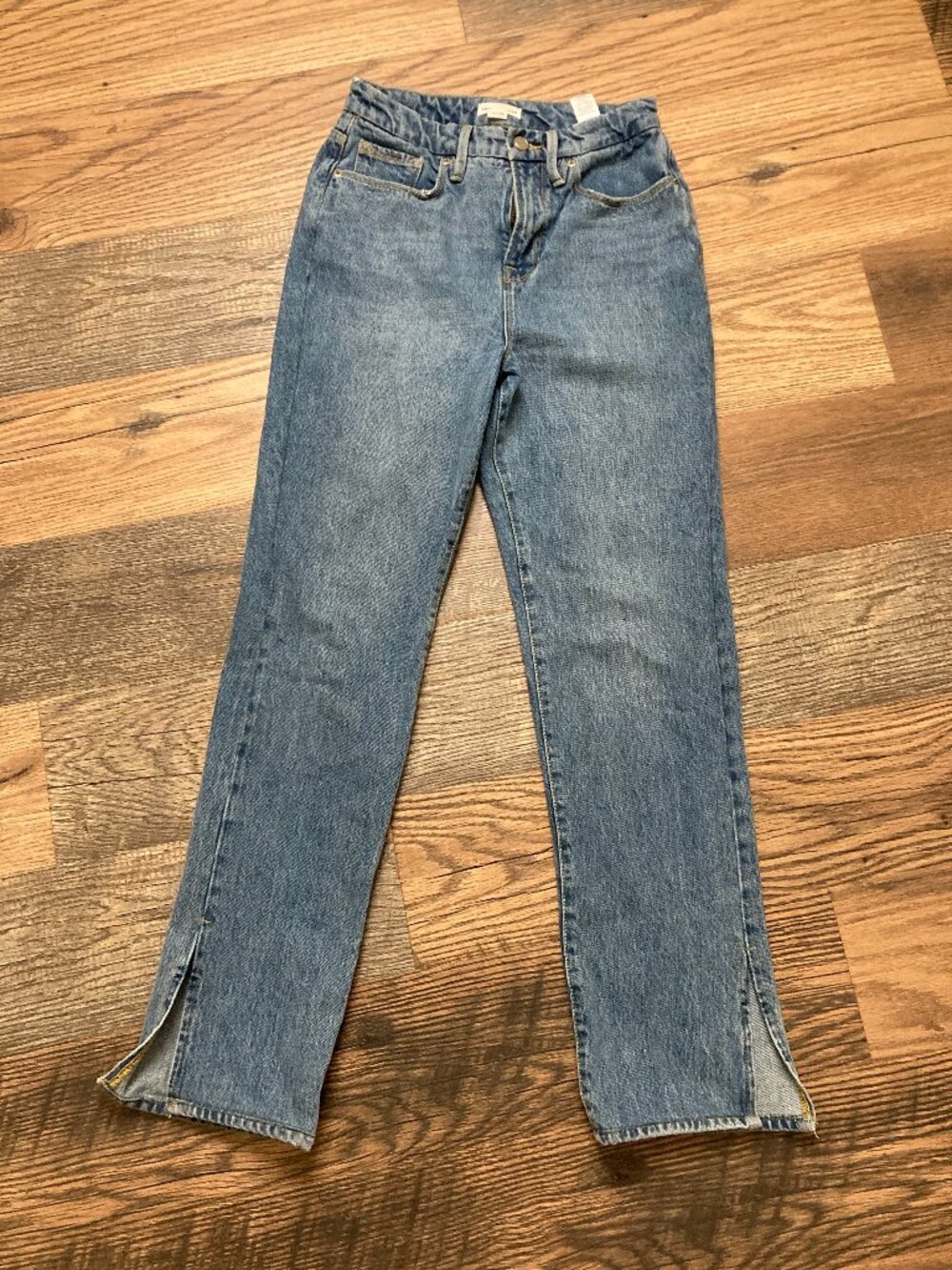 Good American Women's Blue Straight Leg Jeans Ankle Slit Hem Size 0/25  25x29